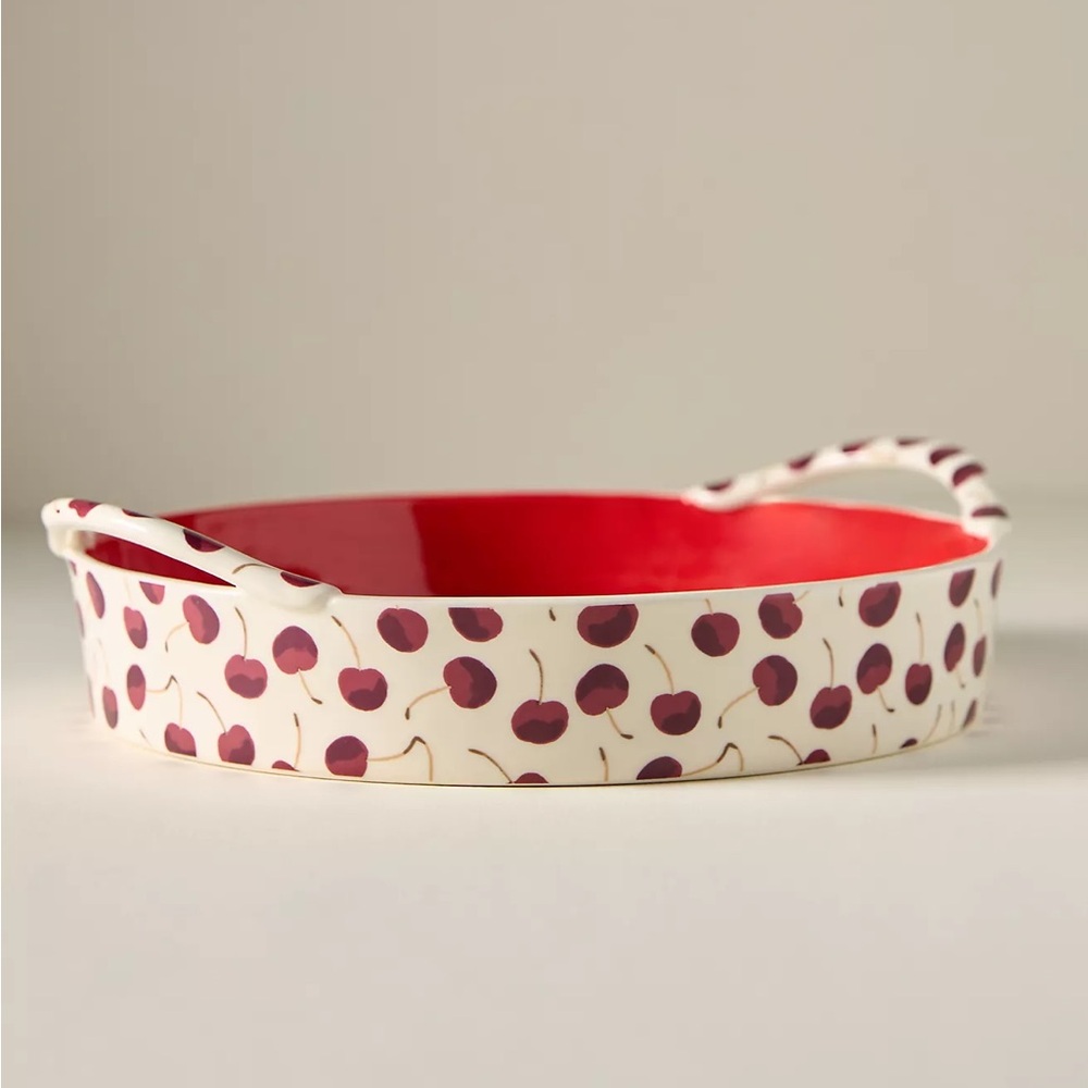 New Anthropologie Berry Icon Cherry Handpainted Stoneware Pie Dish